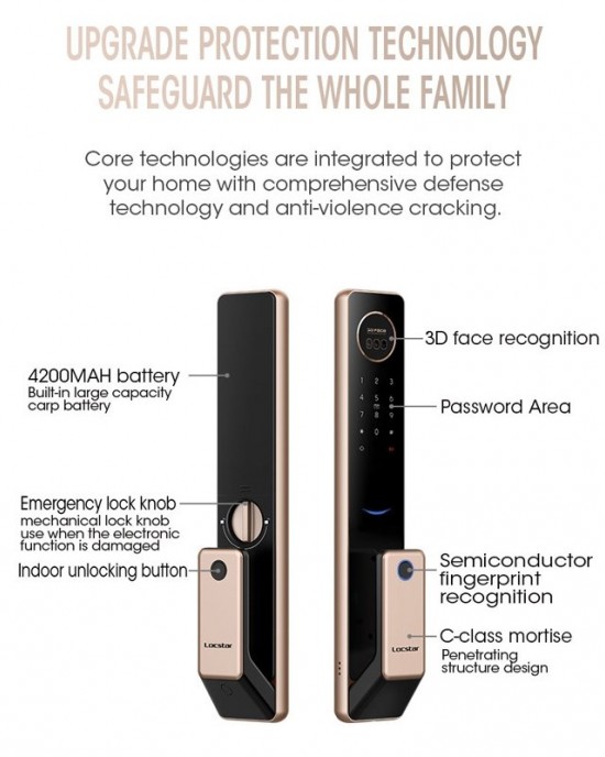 LOCSTAR T100A 3D Face Recognition Fingerprint Code Card Digital Door Lock Rose Gold LOCSTAR T100A 3D Face Recognition Fingerprint Code Card Digital Door Lock Rose Gold