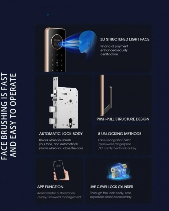 LOCSTAR T100A 3D Face Recognition Fingerprint Code Card Digital Door Lock Rose Gold LOCSTAR T100A 3D Face Recognition Fingerprint Code Card Digital Door Lock Rose Gold