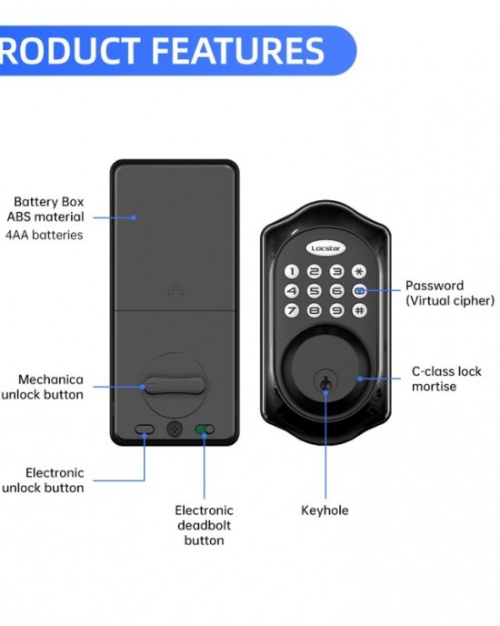 LOCSTAR C88 Bluetooth Remote Tuya Automatic Smart Electronic Password Door Lock Black LOCSTAR C88 Bluetooth Remote Tuya Automatic Smart Electronic Password Door Lock Black